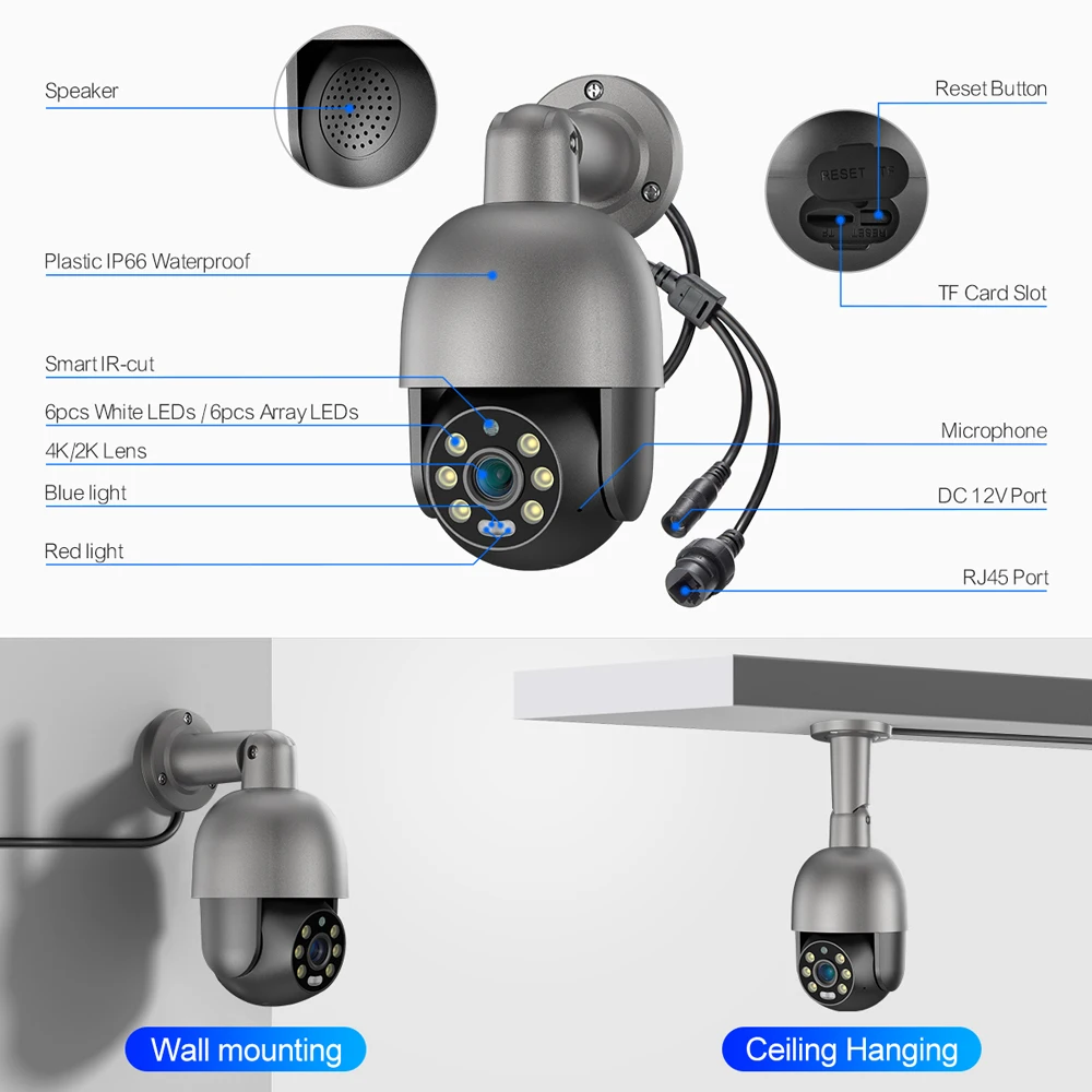 Techage-UHD 8CH 4K PTZ POE 보안 카메라 시스템, 2K 5MP 컬러 나이트 비전 CCTV 비디오 감시 보호 키트 인간 감지