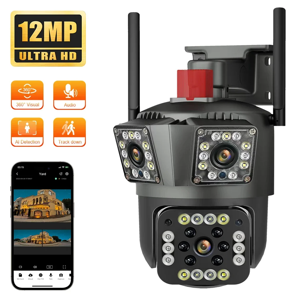 CANSITUM HD 와이파이 IP 야외 카메라, 자동 추적 모션 감지, PTZ 방수 보안 시스템, 3 렌즈, 3 스크린 카메라, 12MP title=CANSITUM HD 와이파이 IP 야외 카메라, 자동 추적 모션 감지, PTZ 방수 보안 시스템, 3 렌즈, 3 스크린 카메라, 12MP 