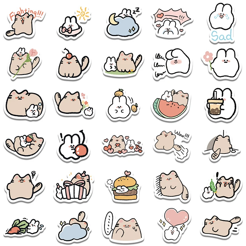 10/30/60PCS 귀여운 토끼 고양이 다꾸 스티커 미적 PVC 스케치북 편지지 어린이 스티커 일기 다꾸 Scrapbooking 용품