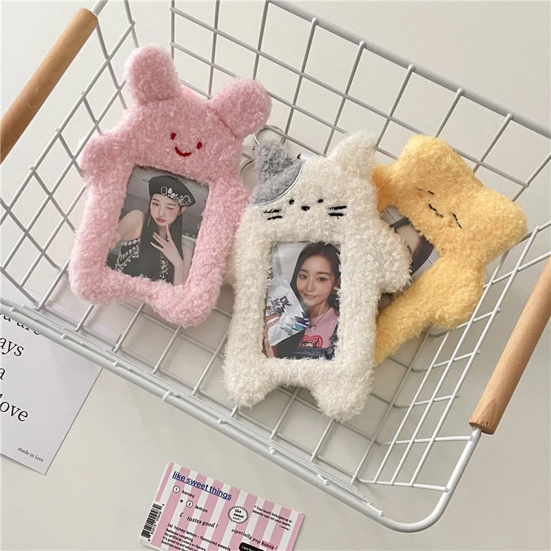 인스타그램 귀여운 고양이 토끼 봉제 포토카드 홀더, 케이팝 아이돌 사진 슬리브 보호 케이스, 학생 ID 카드 커버, 키체인 펜던트 포함