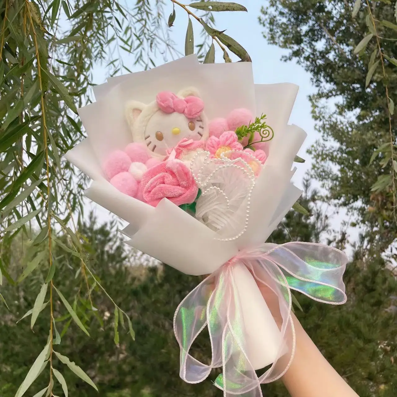 귀여운 헬로 키티 고양이 봉제 인형 장미 비누 꽃 꽃다발, 크리스마스 발렌타인 데이 생일 졸업 선물