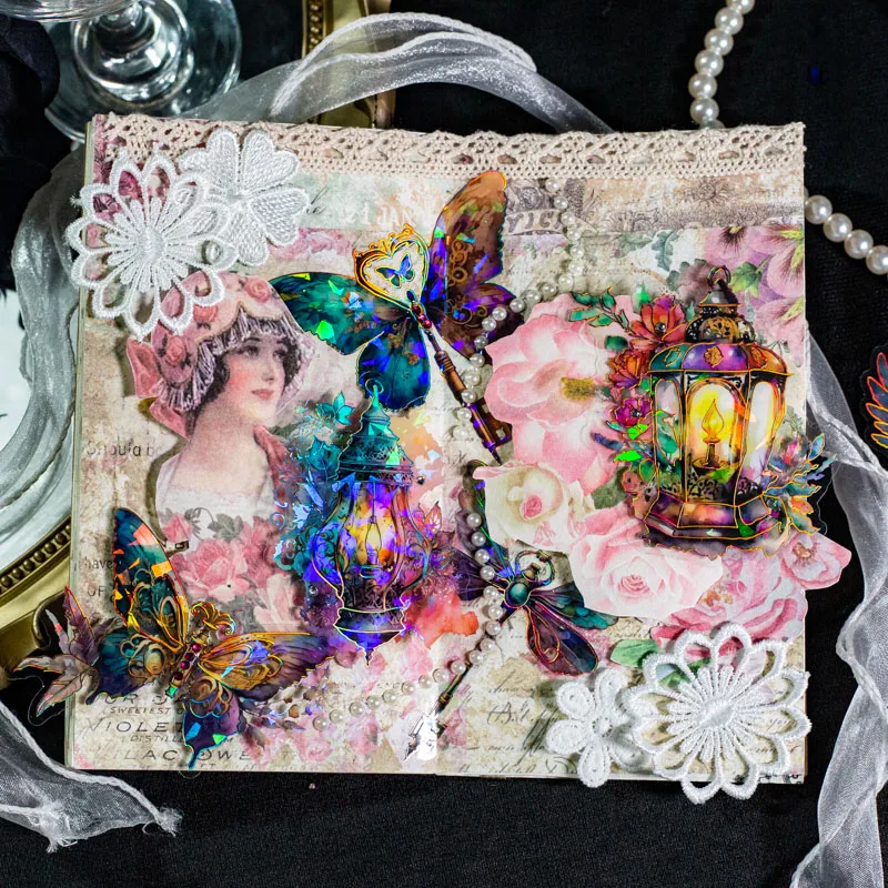 빈티지 브론징 레이저 스티커 팩, INS 꽃 나비 장식 스크랩북 재료, DIY 정크 저널 용품, 10 개