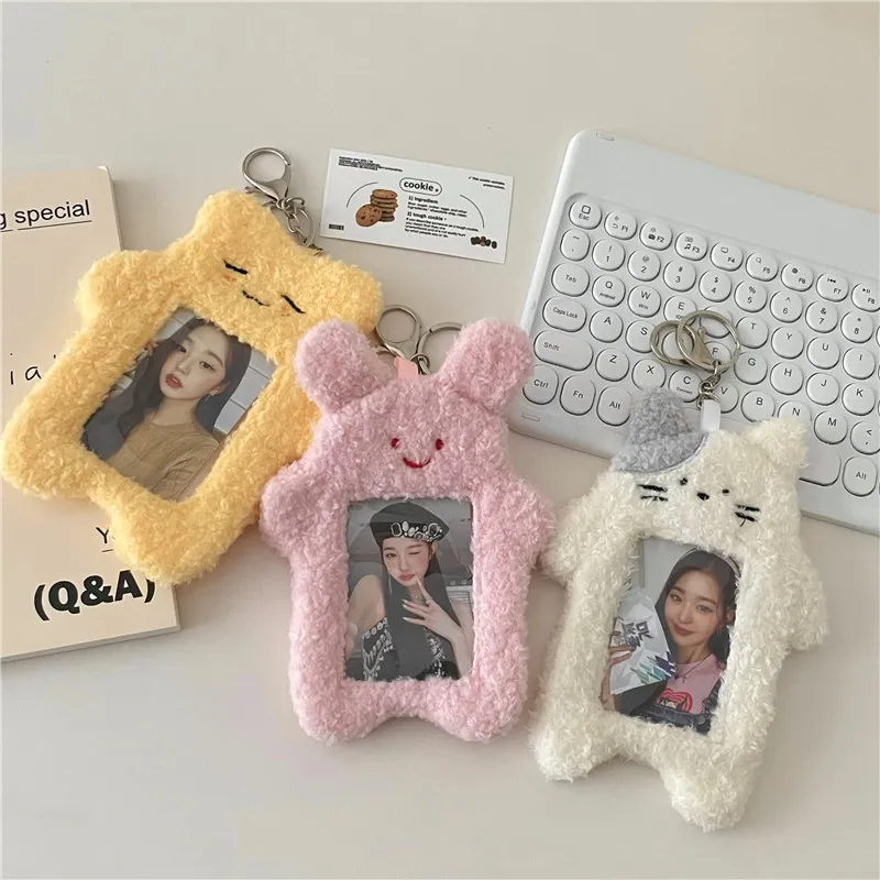 인스타그램 귀여운 고양이 토끼 봉제 포토카드 홀더, 케이팝 아이돌 사진 슬리브 보호 케이스, 학생 ID 카드 커버, 키체인 펜던트 포함
