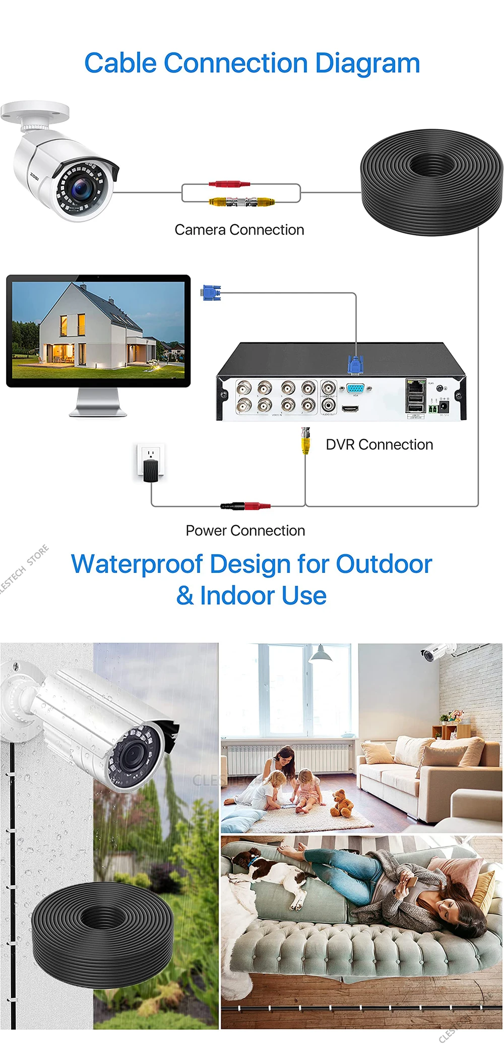 모든 구리 2 인 1 AHD CCTV 카메라 케이블, 비디오 및 전원 보안 카메라 와이어 확장, Bnc + DC, HD 5m, 10m, 15m, 20m, 25m, 30m, 50m