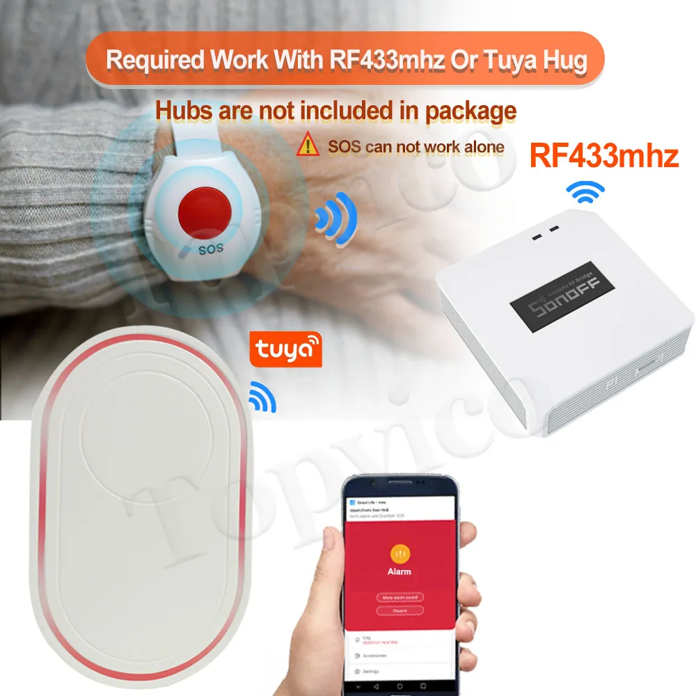 Topvico 노인용 홈 보안 경보 시스템, 패닉 단추, RF 433mhz SOS 비상 단추 알람 시계 팔찌, 1 개, 2 개