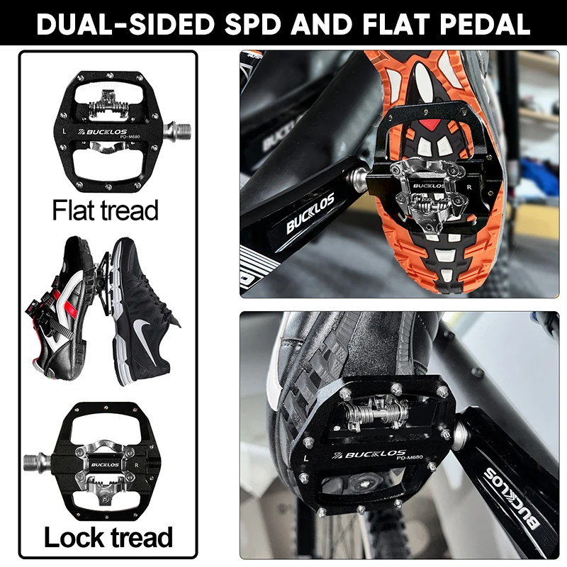 BUCKLOS MTB 자전거 클릿 페달, 플랫 듀얼 기능 페달, 산악 자전거 페달 핏, SPD 시스템 베어링, 자전거 플랫폼 페달