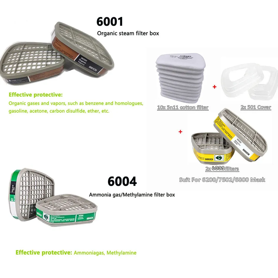 6001/6002/6004 카트리지 박스, 5N11 코튼 필터 세트, 3m 6200/7502/6800 먼지 가스 마스크 호흡기, 화학 페인팅 스프레이