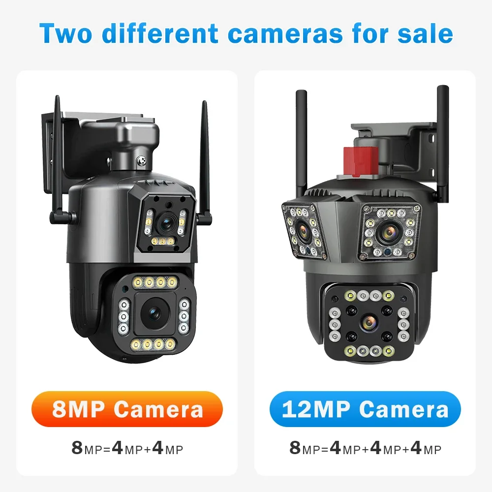 CANSITUM HD 와이파이 IP 야외 카메라, 자동 추적 모션 감지, PTZ 방수 보안 시스템, 3 렌즈, 3 스크린 카메라, 12MP