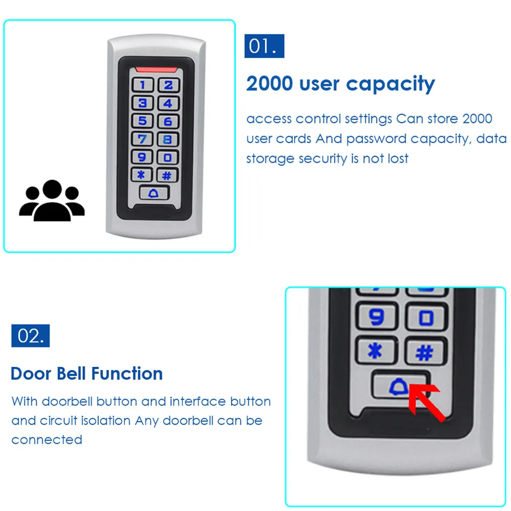 RFID 리더 금속 125KHz 액세스 제어 키패드 독립형 액세스 컨트롤러, EM4100 키체인, 2000 사용자 백라이트 키보드, WG26