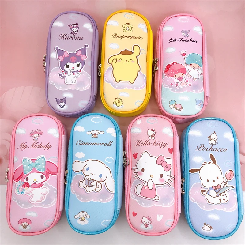 Sanrio Kuromi PU 연필 가방 헬로 키티 시나모롤 Pochacco 지퍼 귀여운 문구 상자, 학교 학생용 펜 케이스 카드 홀더