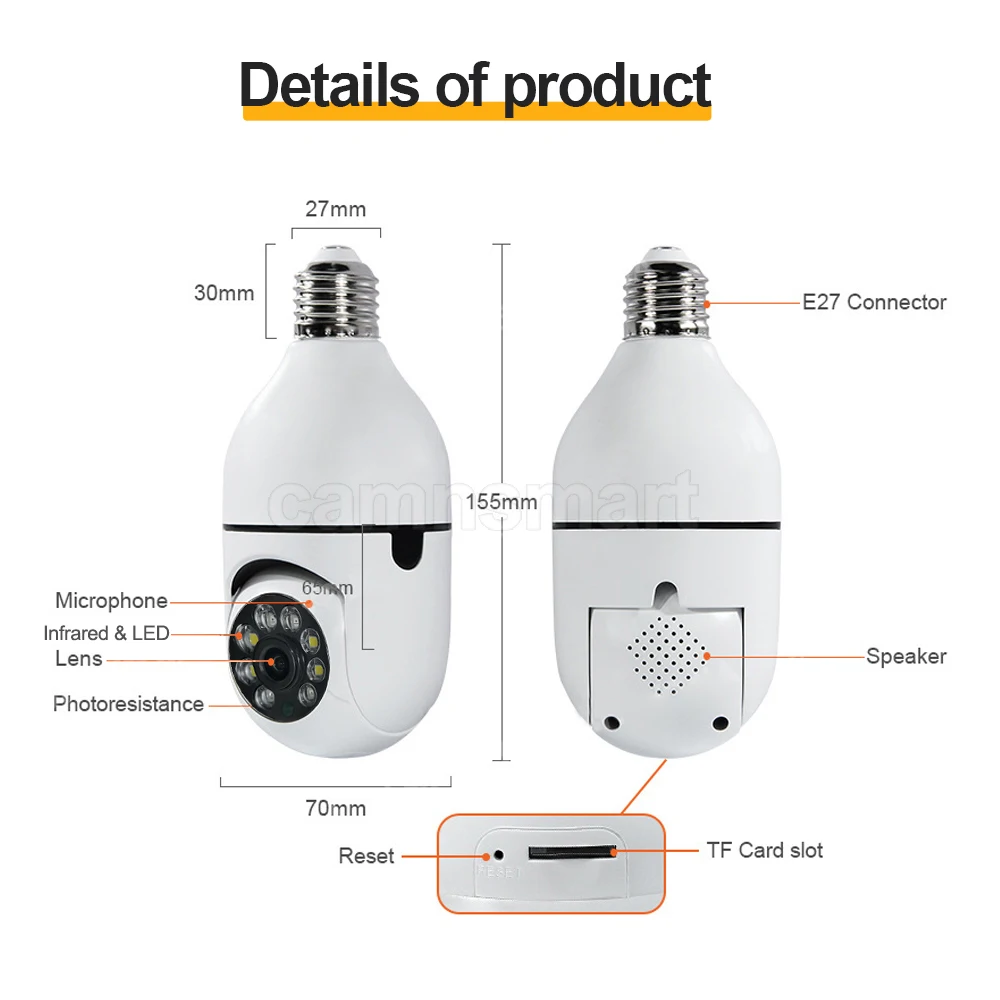 5MP Tuya Ycc365 E27 벌브 감시 카메라 와이파이 나이트 비전 풀 컬러 자동 인간 트랙 4x 줌 비디오 실내 보안 모니터