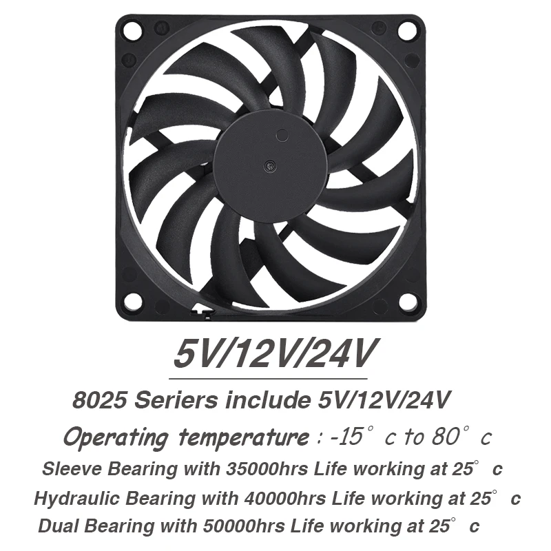 YOUNUON-PC CPU 컴퓨터 케이스 쿨러, 80MM, 5V, 80x80x10mm, 8cm, 5V, 12V, 24V, 8010 2 핀, 3 핀, 브러시리스, DC 냉각 쿨러, 2 개