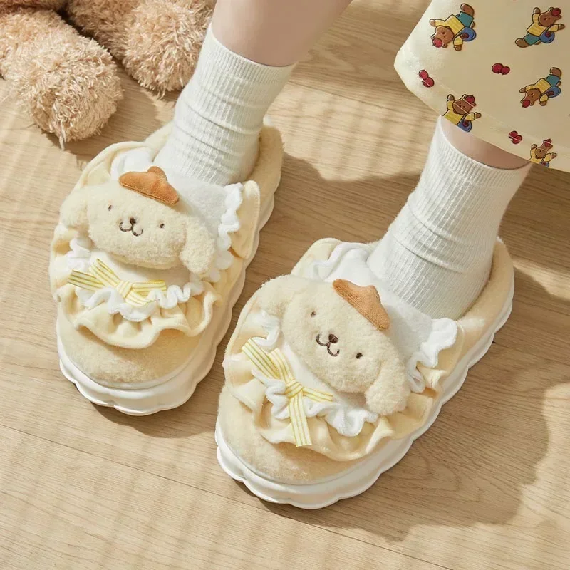 산리오 시나모롤 헬로 키티 쿠로미 슬리퍼, 귀여운 코튼 푹신한 슬리퍼, 여성 벨벳 따뜻한 가정 신발, 소녀 선물, 겨울