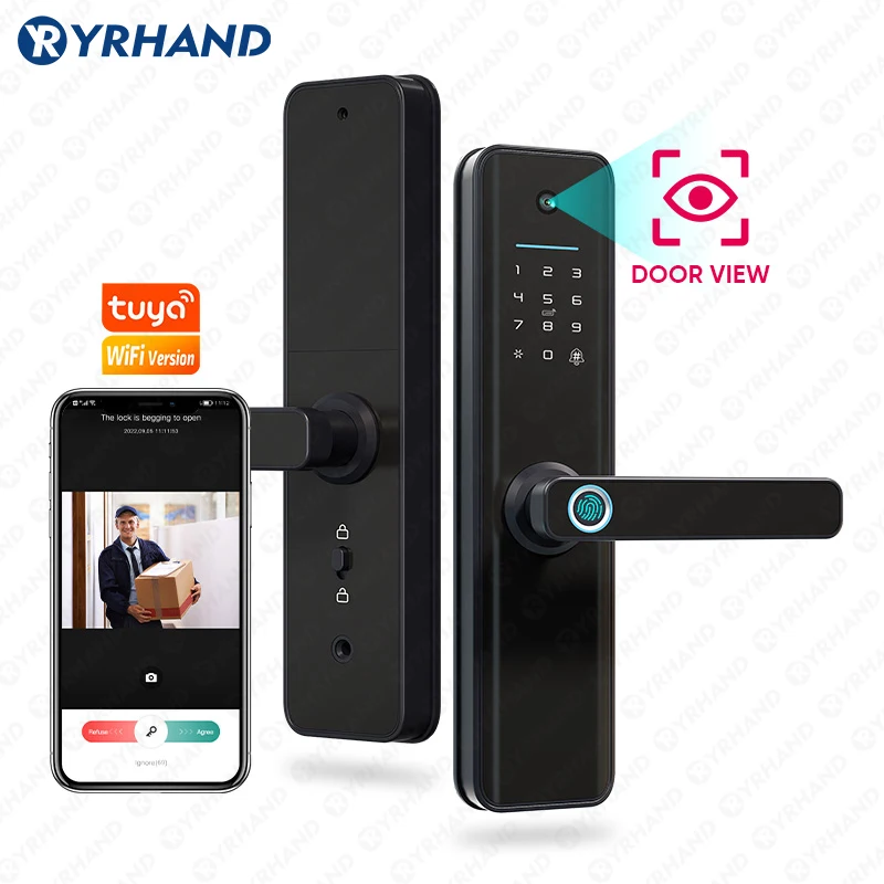 YRHAND 투야 와이파이 스마트 문짝 잠금 장치, 방수 전자 생체 인식, 디지털 전자 지문