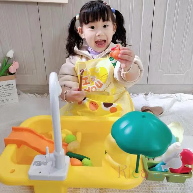어린이용 주방 싱크 전기 식기 세척기 장난감, 흐르는 물 장난감, 음식 낚시 장난감, 역할 놀이, 여아용 선물