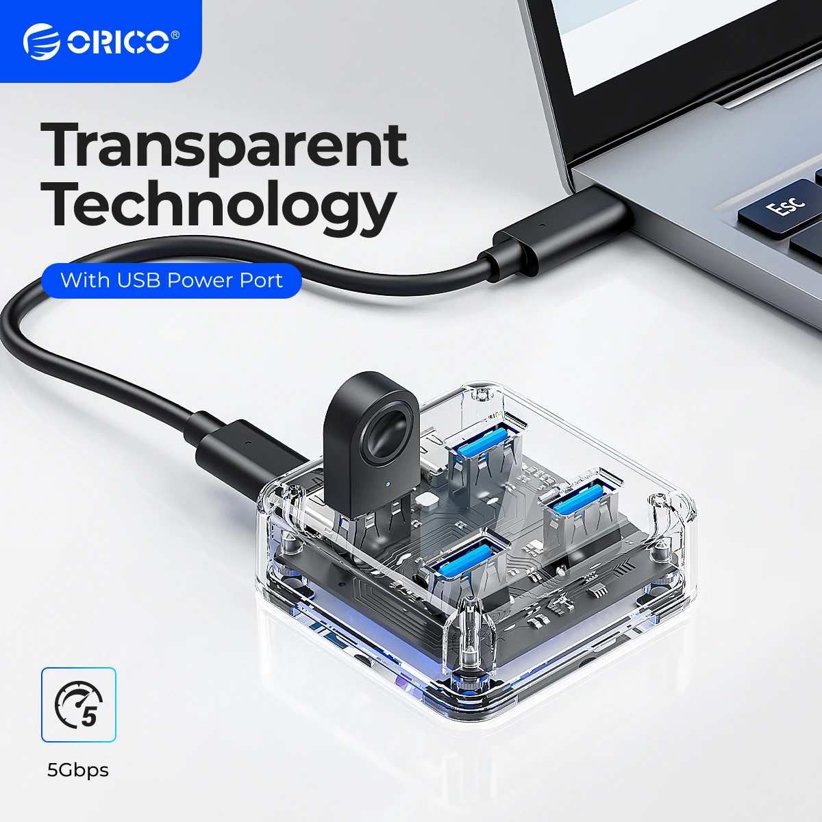 ORICO 전원 커넥터가 있는 투명한 USB C 허브 4포트 확장 USB 3.2 프로토콜 고속 전송 OTG 어댑터 title=ORICO 전원 커넥터가 있는 투명한 USB C 허브 4포트 확장 USB 3.2 프로토콜 고속 전송 OTG 어댑터 