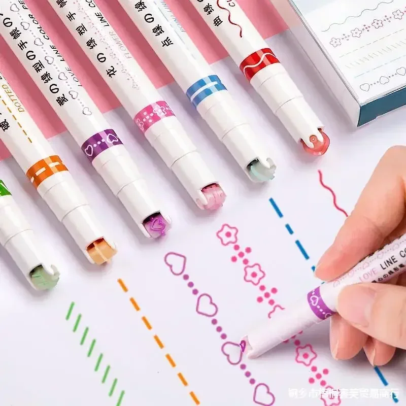 라인 모양 하이라이터 롤러 팁 커브 라이너 마커 펜, 카와이 만화 그래피티 펜, 한국 문구 사무용품, 3 개, 6 개, 8 개