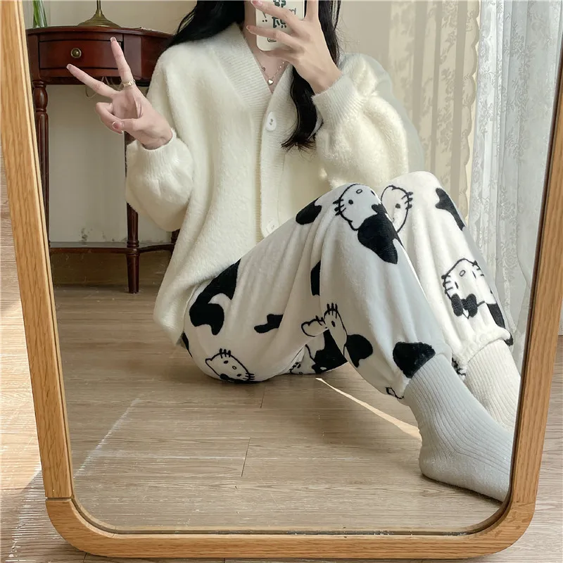 헬로 키티 플란넬 잠옷 귀여운 여성 따뜻한 모직 산리오 만화 캐주얼 홈 바지, 가을 겨울 패션 바지