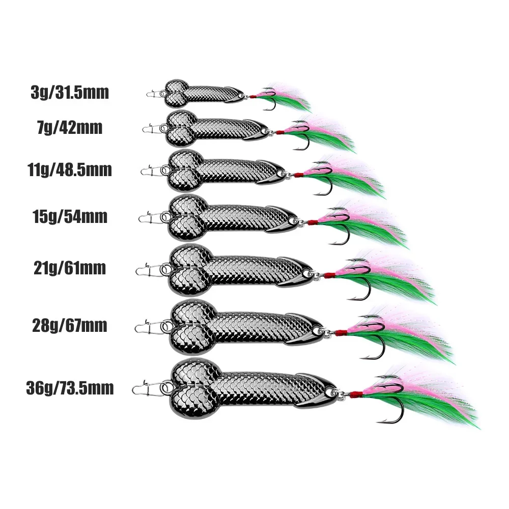 금속 페니스 스푼 루어 3g 7g 11g 15g 21g 28g 36g 단단한 미끼 태클 스팽글 진동 낚시 미끼, 인공 미끼, 깃털 후크 VIB