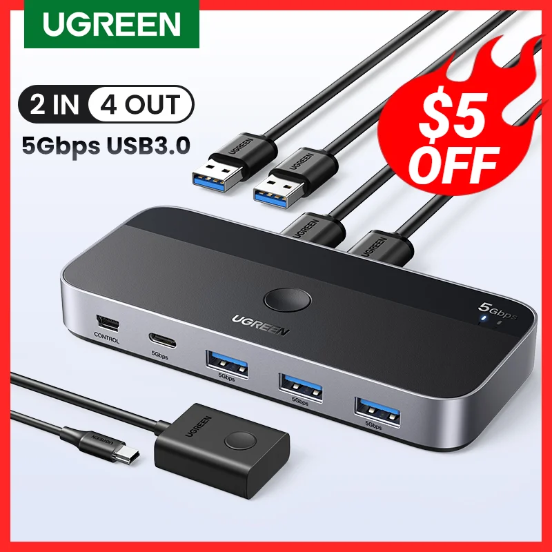 UGREEN USB 3.0 스위처 KVM 스위치, PC 키보드 마우스 프린터용, 4 개 장치 공유, 2 개 title=UGREEN USB 3.0 스위처 KVM 스위치, PC 키보드 마우스 프린터용, 4 개 장치 공유, 2 개 
