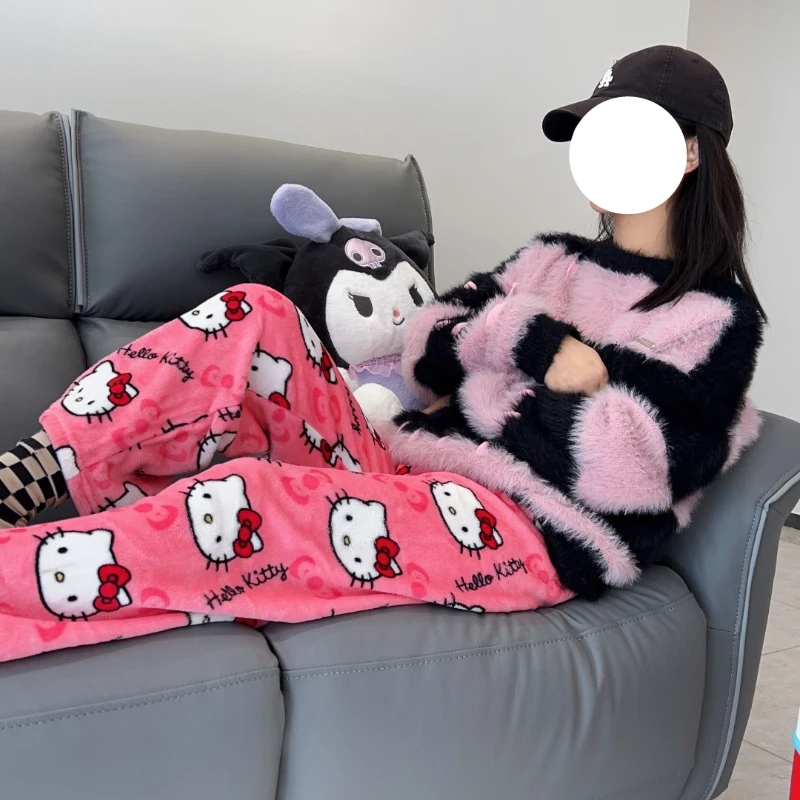 귀여운 산리오 만화 파자마 애니메이션 헬로 키티 바지, 멀티 컬러 플란넬, 여성 캐주얼 홈 패션 바지, 소녀 의류 선물