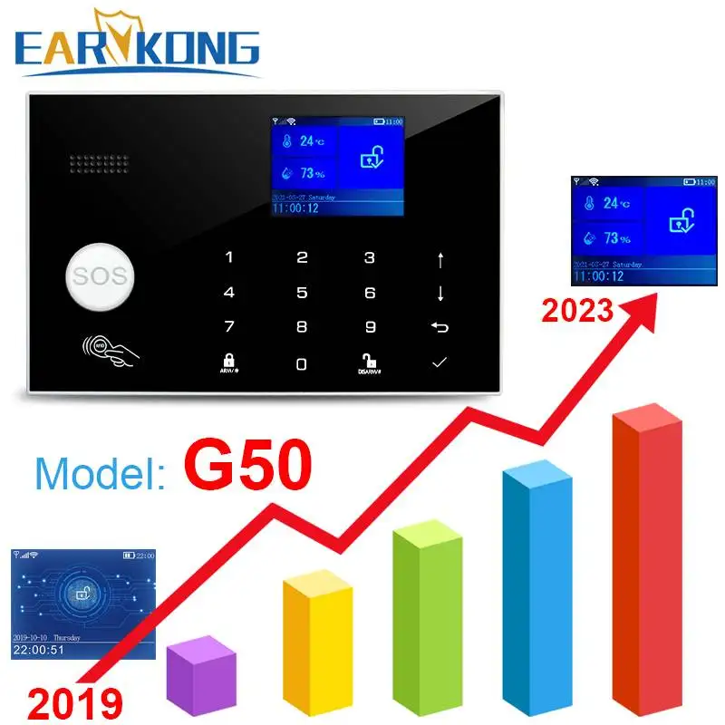 와이파이 GSM 경보 시스템 433MHz 홈 도난 보안 경보 무선 유선 감지기 RFID 터치 키보드, 온도 습도 알렉사
