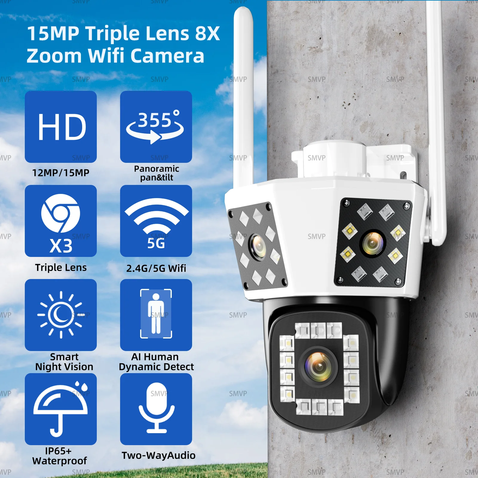 와이파이 야외 감시 보안 카메라, 15MP 카메라, 6K, 8X 광학 줌, 자동 추적 PTZ 3 렌즈, 3 스크린, IP CCTV 방수 title=와이파이 야외 감시 보안 카메라, 15MP 카메라, 6K, 8X 광학 줌, 자동 추적 PTZ 3 렌즈, 3 스크린, IP CCTV 방수 