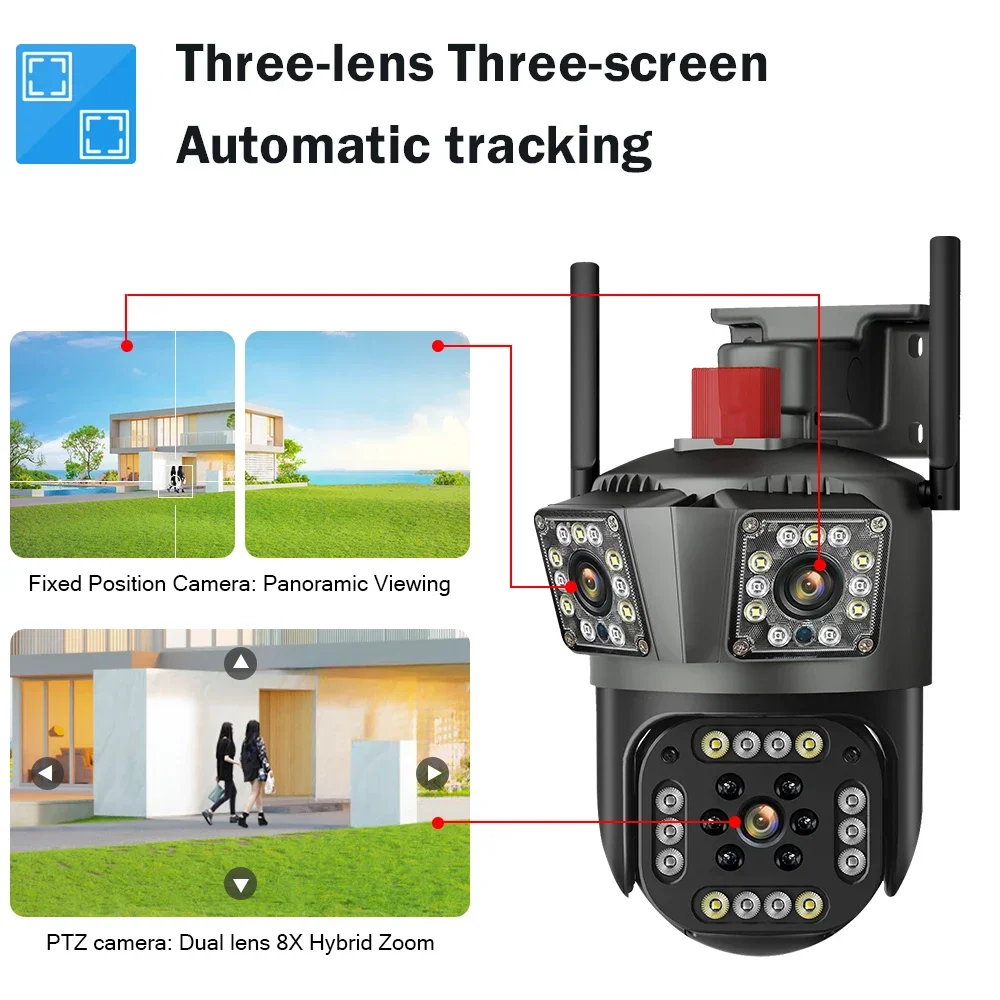 Legendsafe 야외용 와이파이 IP 카메라, 12MP HD, 6K, 자동 추적, PTZ, 3 렌즈, 3 화면, 방수, 와이파이, 보안 비디오 카메라