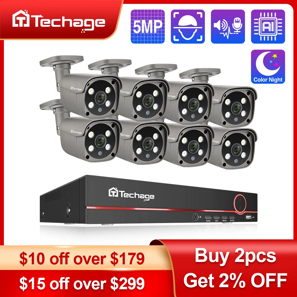 Techage CCTV 양방향 오디오 보안 카메라 시스템, 8CH 5MP HD POE NVR 키트, AI 얼굴 감지, 야외 비디오 감시 IP 카메라 세트 title=Techage CCTV 양방향 오디오 보안 카메라 시스템, 8CH 5MP HD POE NVR 키트, AI 얼굴 감지, 야외 비디오 감시 IP 카메라 세트 