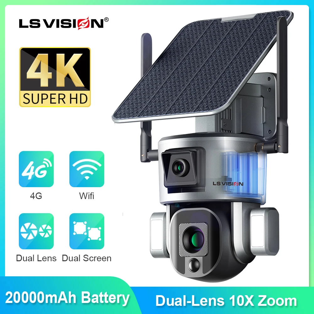 LS VISION 듀얼 렌즈 태양광 카메라, 4K, 8MP, 10X, 4X 줌, 4G SIM, 와이파이 보안 야외 카메라, 휴머노이드 컬러 추적, 야간 투시 캠 title=LS VISION 듀얼 렌즈 태양광 카메라, 4K, 8MP, 10X, 4X 줌, 4G SIM, 와이파이 보안 야외 카메라, 휴머노이드 컬러 추적, 야간 투시 캠 