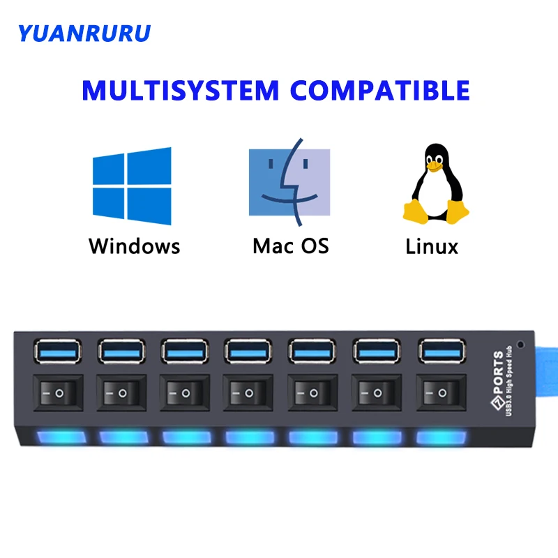 USB 허브 3.0 허브 USB 2.0 멀티 USB 분배기 전원 어댑터, 4/7 포트 다중 확장기 2.0, PC 액세서리용 스위치 포함, USB 3
