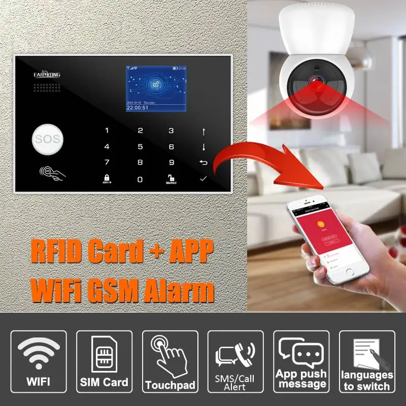 와이파이 GSM 경보 시스템 433MHz 홈 도난 보안 경보 무선 유선 감지기 RFID 터치 키보드, 온도 습도 알렉사
