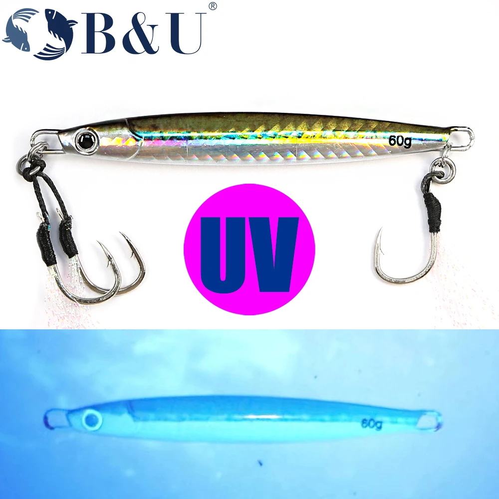B & U 3D 프린트 금속 캐스트 지그 스푼 딸랑이, UV 해안 캐스팅 지깅 물고기, 농어 바닷물 낚시 루어, 인공 미끼 태클
