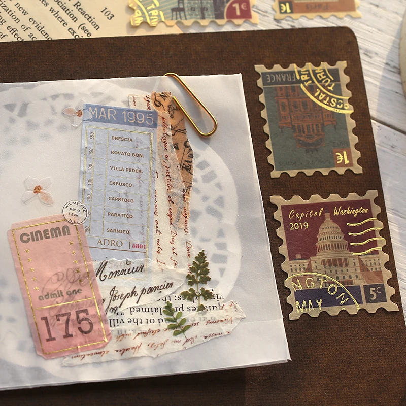 빈티지 레트로 브론징 스탬핑 와시 스티커, 여행 식물 스티커, DIY 총알 저널링 데코 문구 스티커, 팩당 40 개
