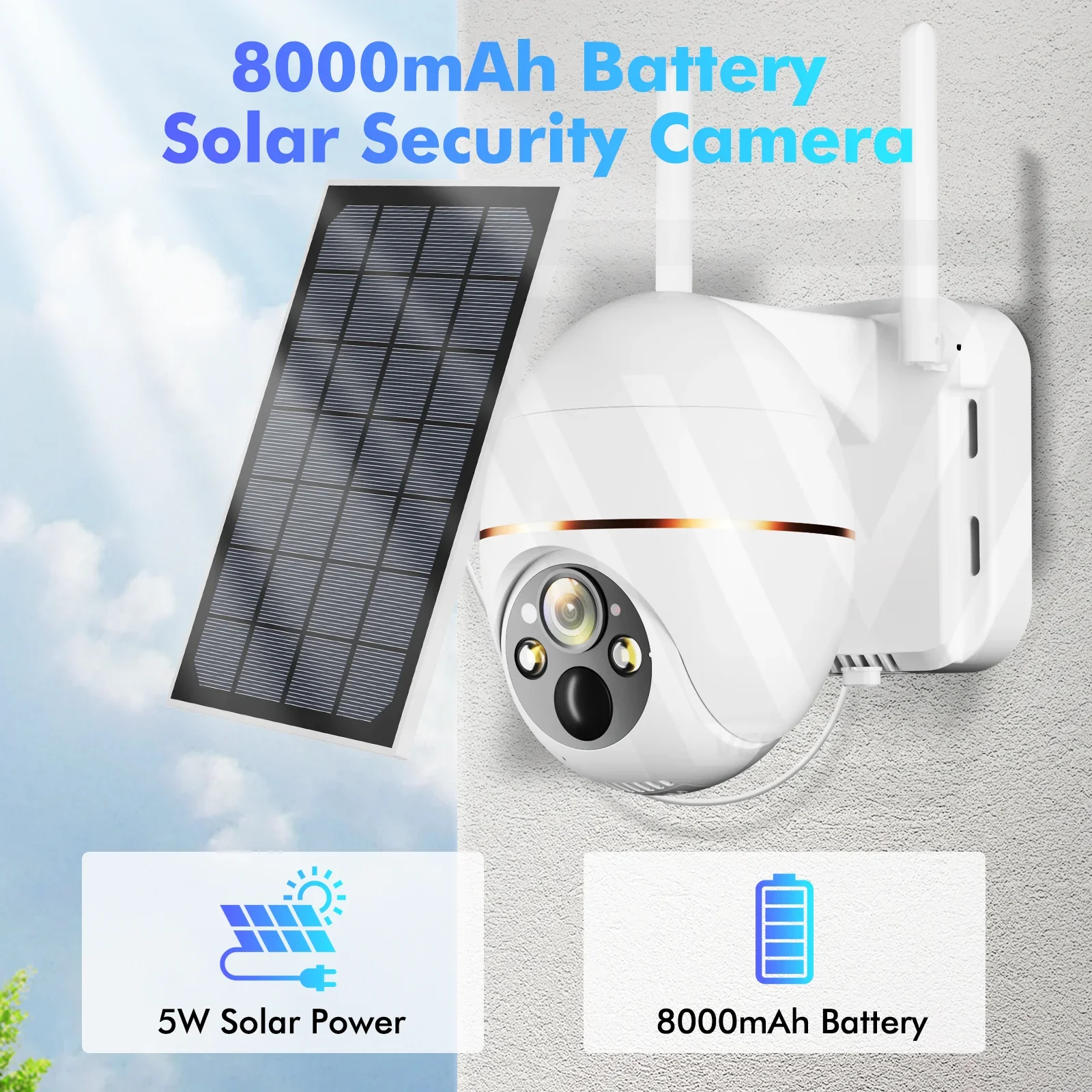 와이파이 감시 카메라, 무선 PIR 인간 추적 CCTV, 야외 비디오 보안 방수, 5MP IP 태양광 카메라, 8000mAh 배터리