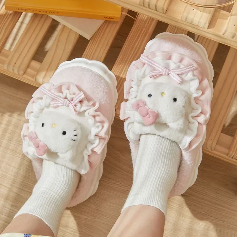 산리오 시나모롤 헬로 키티 쿠로미 슬리퍼, 귀여운 코튼 푹신한 슬리퍼, 여성 벨벳 따뜻한 가정 신발, 소녀 선물, 겨울