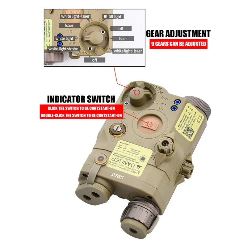 전술 Airsoft UHP AN PEQ-15 LA5C 레드 닷 그린 블루 + IR 버전 표시기 무기 스카우트 LED 조명, 20mm 레일 헌팅 레이져에 적합