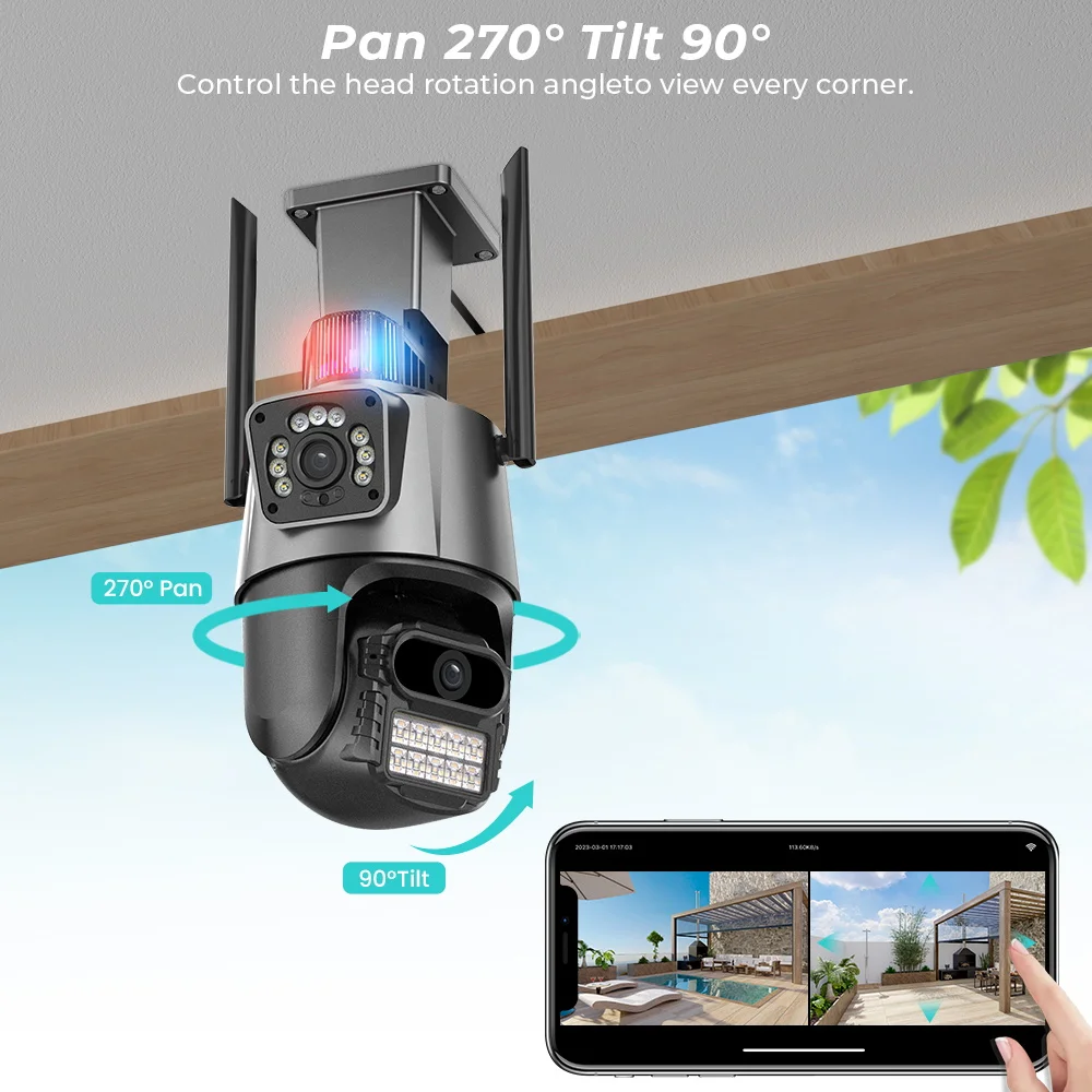방수 보안 CCTV 비디오 감시 카메라, 4K 와이파이 카메라, 듀얼 렌즈, AI 자동 추적, 경찰 조명, 알람 IP 카메라, 8MP
