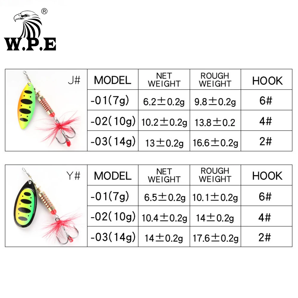 W.P.E 브랜드 스피너 루어 1 개 6.5g/10g/13.5g 22 색 고음 후크 금속 스푼 루어 하드 낚시 루어 낚시 태클 미끼, 스피너 루어 낚시 미끼