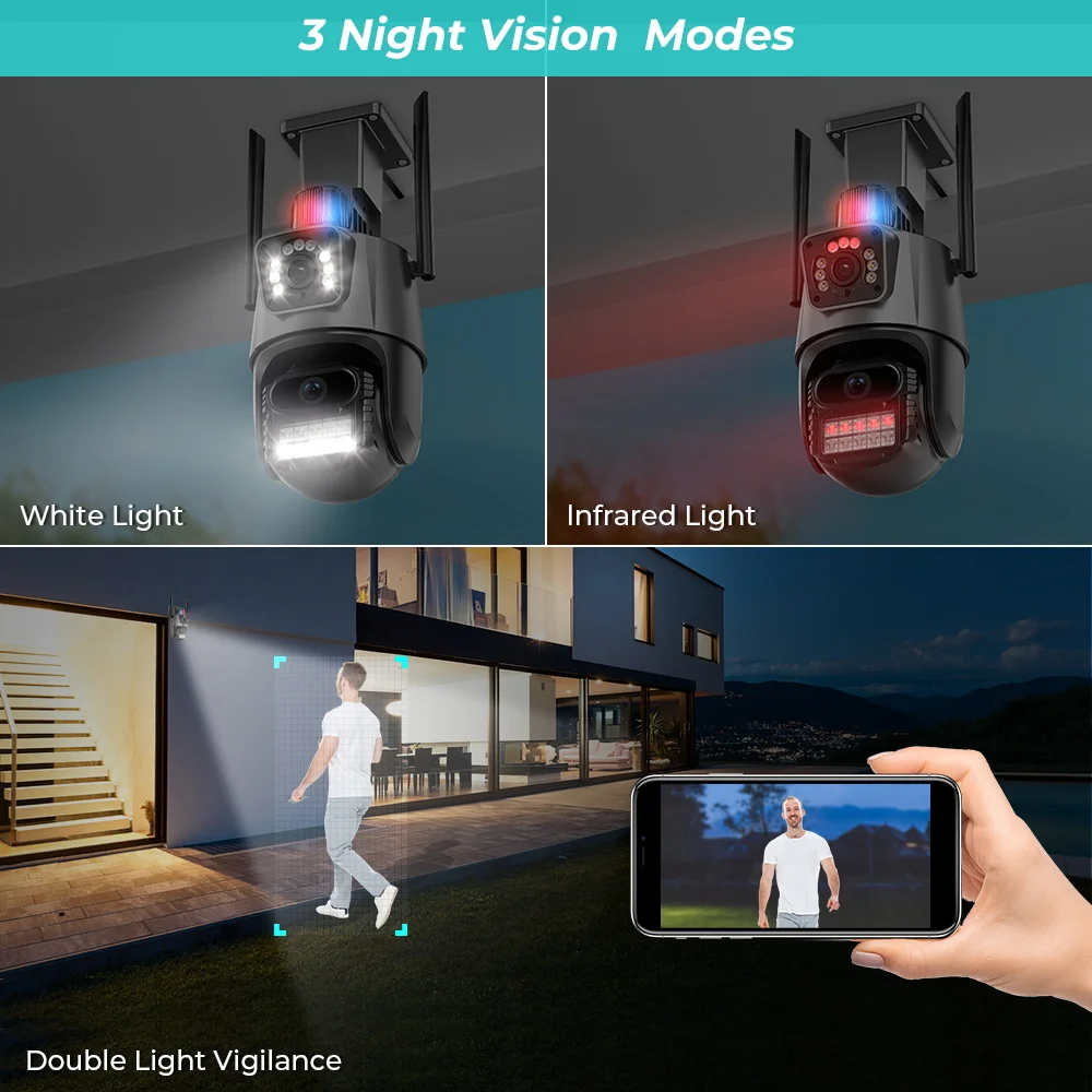 방수 보안 CCTV 비디오 감시 카메라, 4K 와이파이 카메라, 듀얼 렌즈, AI 자동 추적, 경찰 조명, 알람 IP 카메라, 8MP