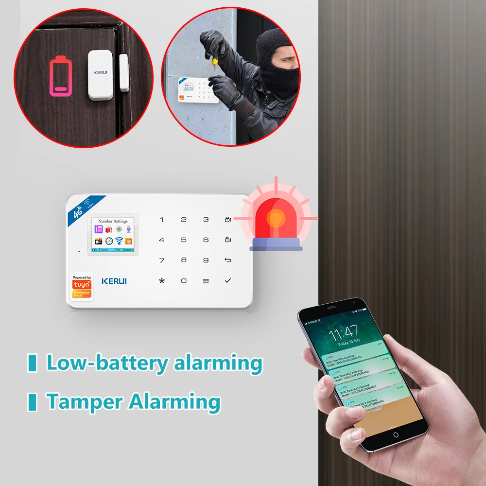 KERUI W184 투야 보안 보호 스마트 홈 GSM 4G 와이파이 경보, 도난 방지 보안 경보 시스템 키트, 센서 6 개 언어 차고