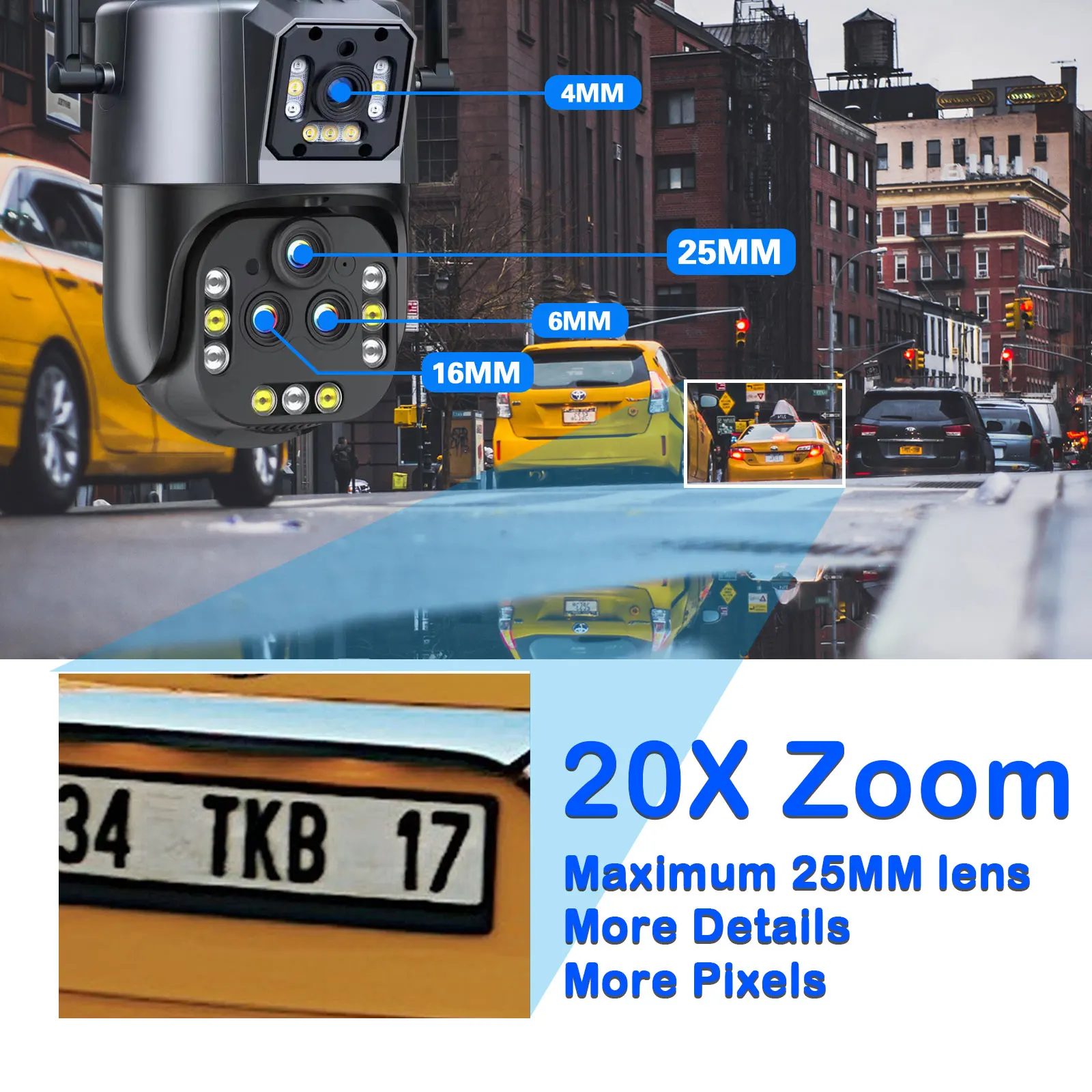 울트라 16MP 8K 와이파이 PTZ IP 감시 보안 카메라, 4 렌즈 카메라, 20X 줌 AI 자동 추적 비디오 CCTV 카메라, IPC360 홈