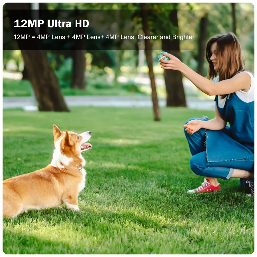 CANSITUM HD 와이파이 IP 야외 카메라, 자동 추적 모션 감지, PTZ 방수 보안 시스템, 3 렌즈, 3 스크린 카메라, 12MP