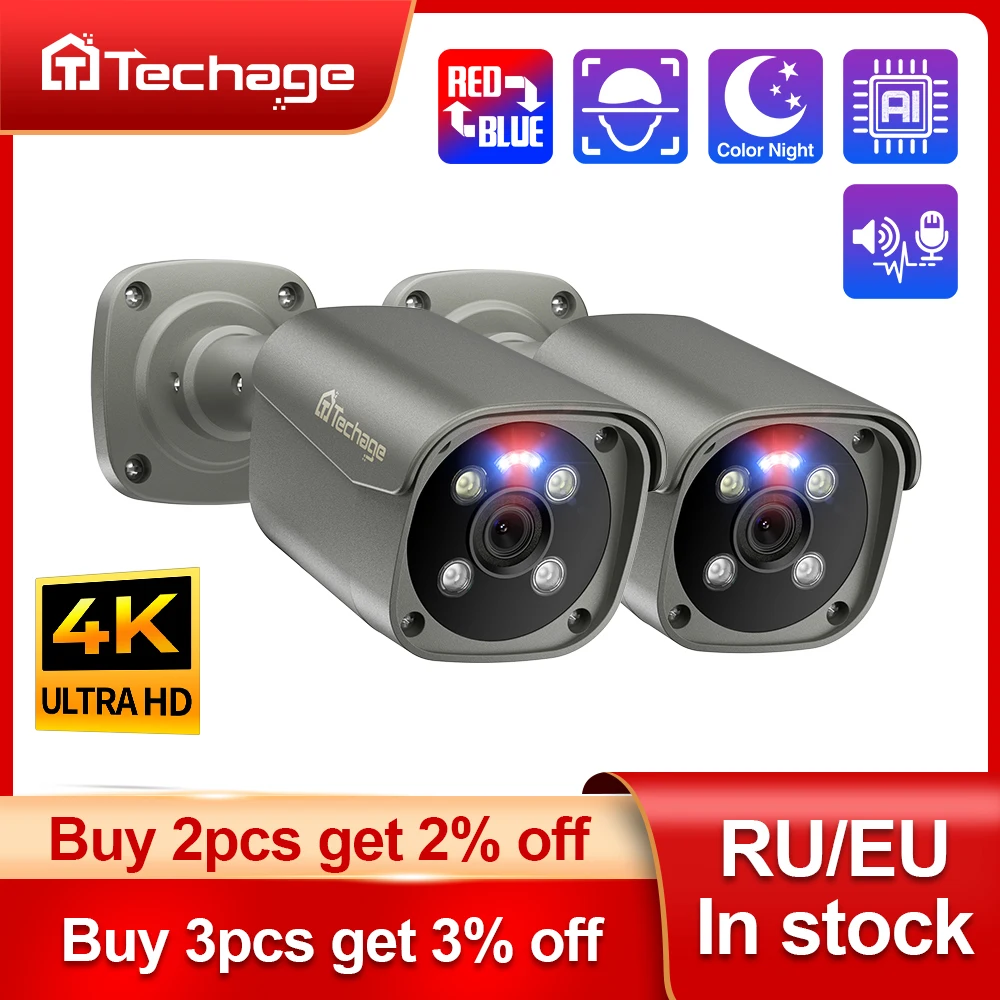 Techage 야외 IP 카메라 얼굴 감지 감시 시스템용 양방향 오디오, 컬러 나이트 비전, H.265 울트라 HD 4K POE 카메라, 8MP title=Techage 야외 IP 카메라 얼굴 감지 감시 시스템용 양방향 오디오, 컬러 나이트 비전, H.265 울트라 HD 4K POE 카메라, 8MP 
