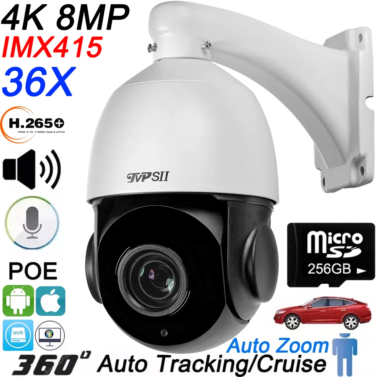 자동 추적 야외 ONVIF POE PTZ 스피드 돔 감시 카메라, 360 ° 회전 오디오, 8MP IMX415 H.265 + 36X 15X 광학 줌 title=자동 추적 야외 ONVIF POE PTZ 스피드 돔 감시 카메라, 360 ° 회전 오디오, 8MP IMX415 H.265 + 36X 15X 광학 줌 
