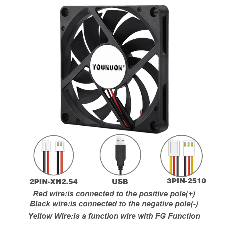 YOUNUON-PC CPU 컴퓨터 케이스 쿨러, 80MM, 5V, 80x80x10mm, 8cm, 5V, 12V, 24V, 8010 2 핀, 3 핀, 브러시리스, DC 냉각 쿨러, 2 개