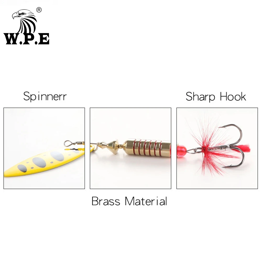 W.P.E 브랜드 스피너 루어 1 개 6.5g/10g/13.5g 22 색 고음 후크 금속 스푼 루어 하드 낚시 루어 낚시 태클 미끼, 스피너 루어 낚시 미끼