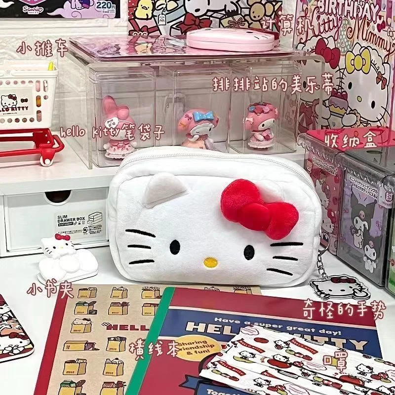 Sanrio-일본 만화 헬로 키티 연필 케이스, 대용량 푹신하고 심플한 귀여운 학생 연필 가방