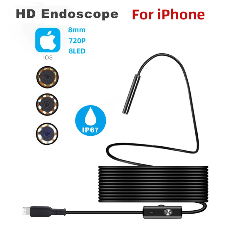 IOS용 내시경 검사 스네이크 카메라, IOS용 8mm 720P 보어스코프, IP67 방수 반강성 케이블, 8 LED