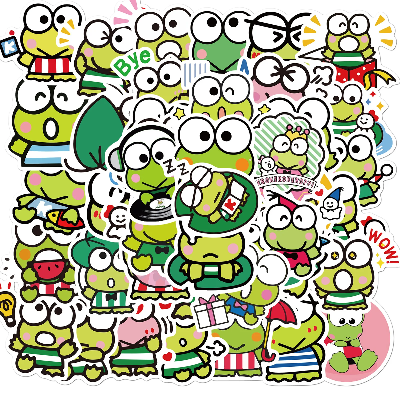 Kawaii Keroppi 스티커 만화 어린이 장난감 PVC 그래피티 데칼, 휴대폰 여행 가방, 문구 냉장고 노트북 스티커 선물, 10 개, 30 개, 50 개